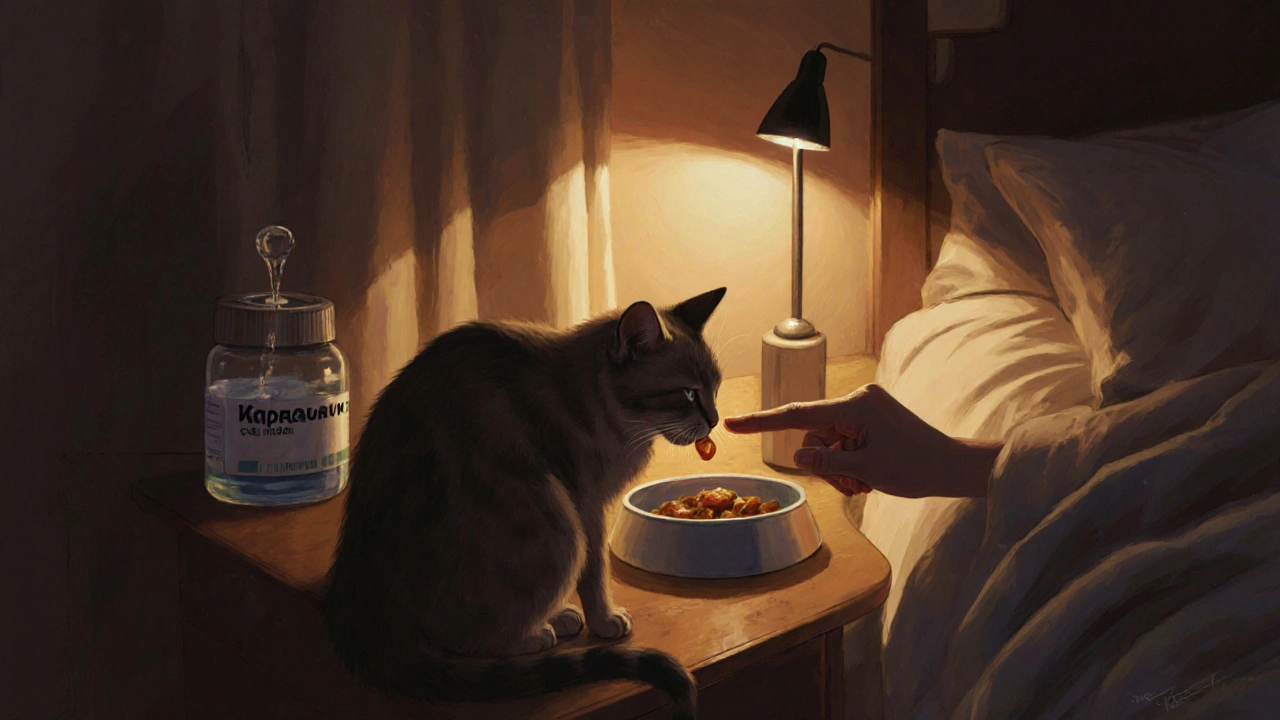 Восстанавливающаяся кошка лакает тунец с пальца в уютной обстановке.