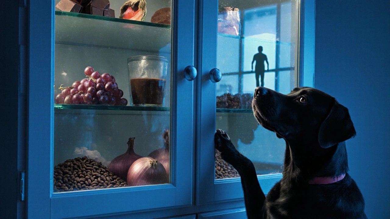 Закрытый кухонный шкаф с запрещёнными продуктами внутри, собака снаружи тянется к нему, в отражении — силуэт ветеринарной клиники.