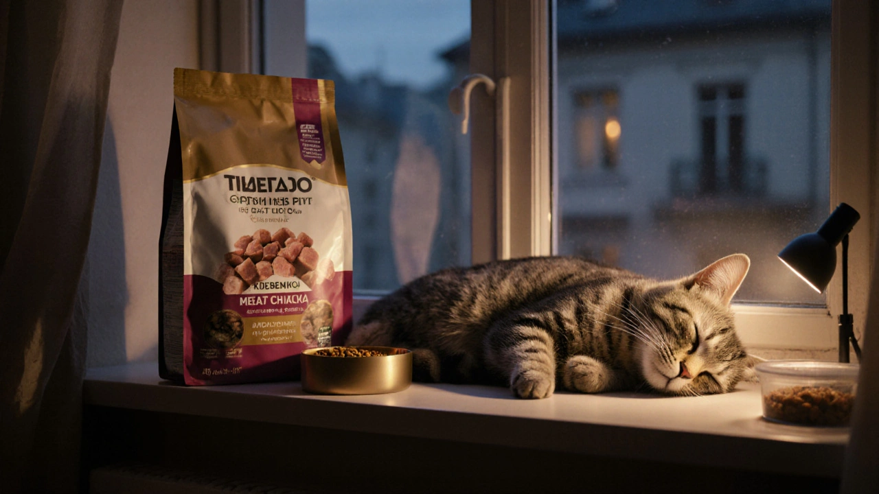 Здоровая кошка спит у окна, рядом — открытый пакет качественного корма без злаков.