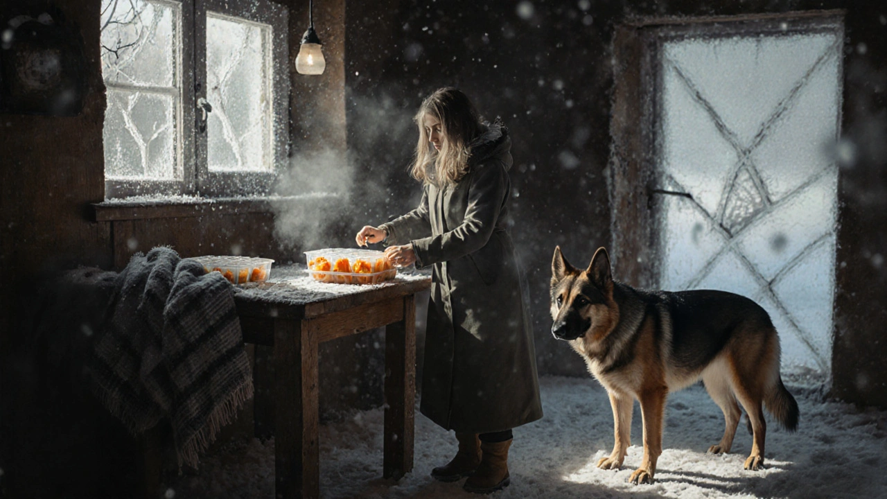 Женщина замораживает домашний корм для собаки зимой в Сибири.