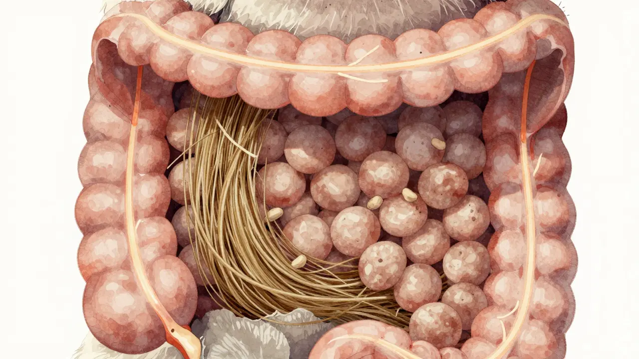Анатомическая схема пищеварительного тракта кошки с движением грубых волокон.