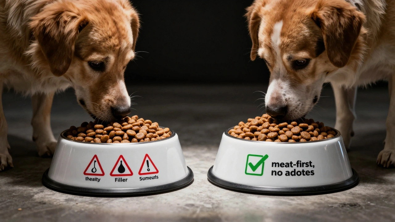 Две миски с кормом: плохой и хороший — собака выбирает качественный.