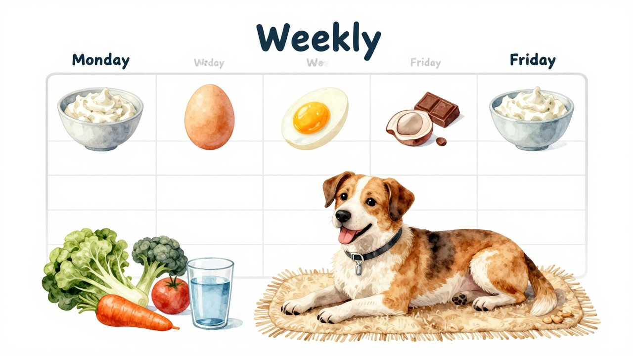 Еженедельный график кормления собаки творогом и яйцами с безопасными ингредиентами.