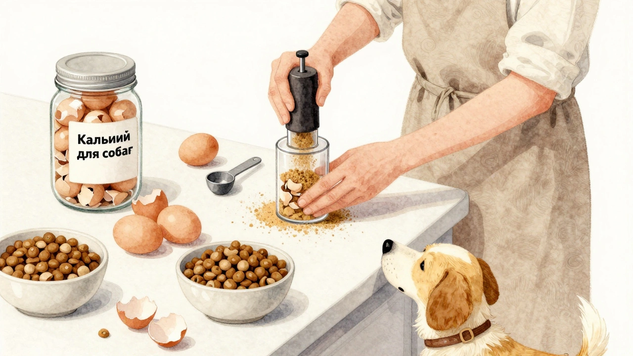 Хозяйка измельчает сухую яичную скорлупу в кофемолке для собаки.