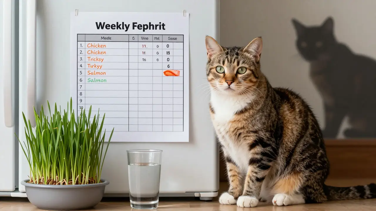 Кошка рядом с недельным планом питания и кашей для кошек.