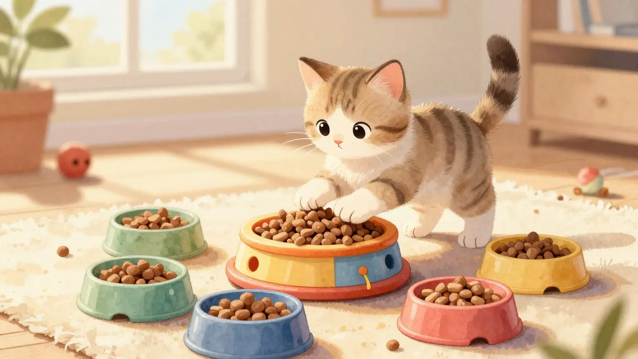 Котёнок играет с кормушкой-головоломкой, вокруг — четыре маленькие миски с едой.
