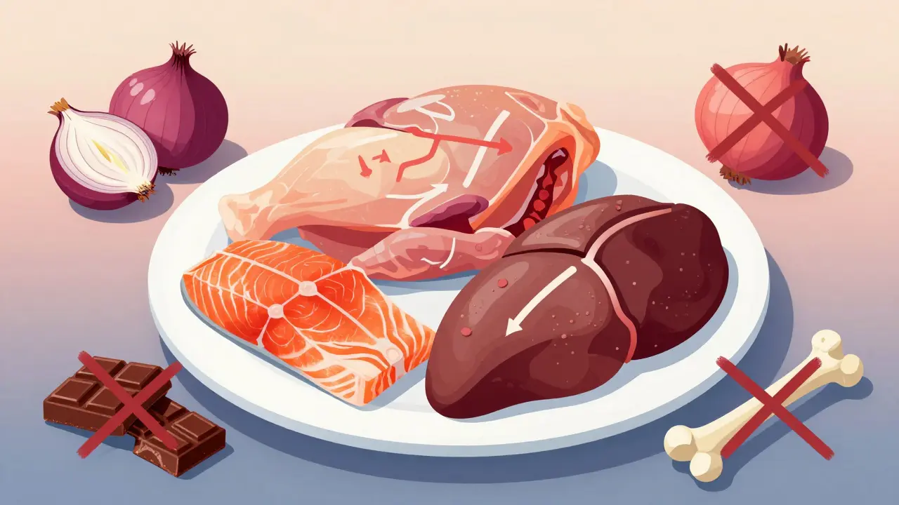 Коту подают натуральную пищу с обозначенными полезными и вредными продуктами.