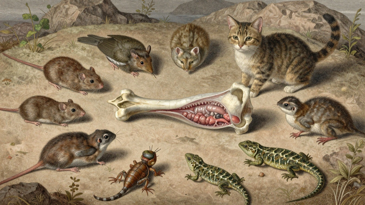 Круговая композиция естественной добычи кошки: грызуны, птицы, ящерицы