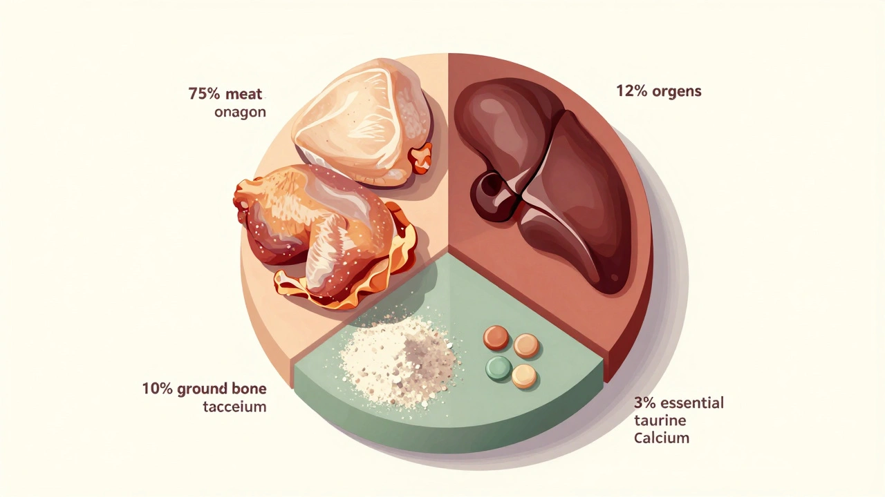 Научная иллюстрация сбалансированного рациона для кошки: мясо, органы, кости и добавки в пропорциях.