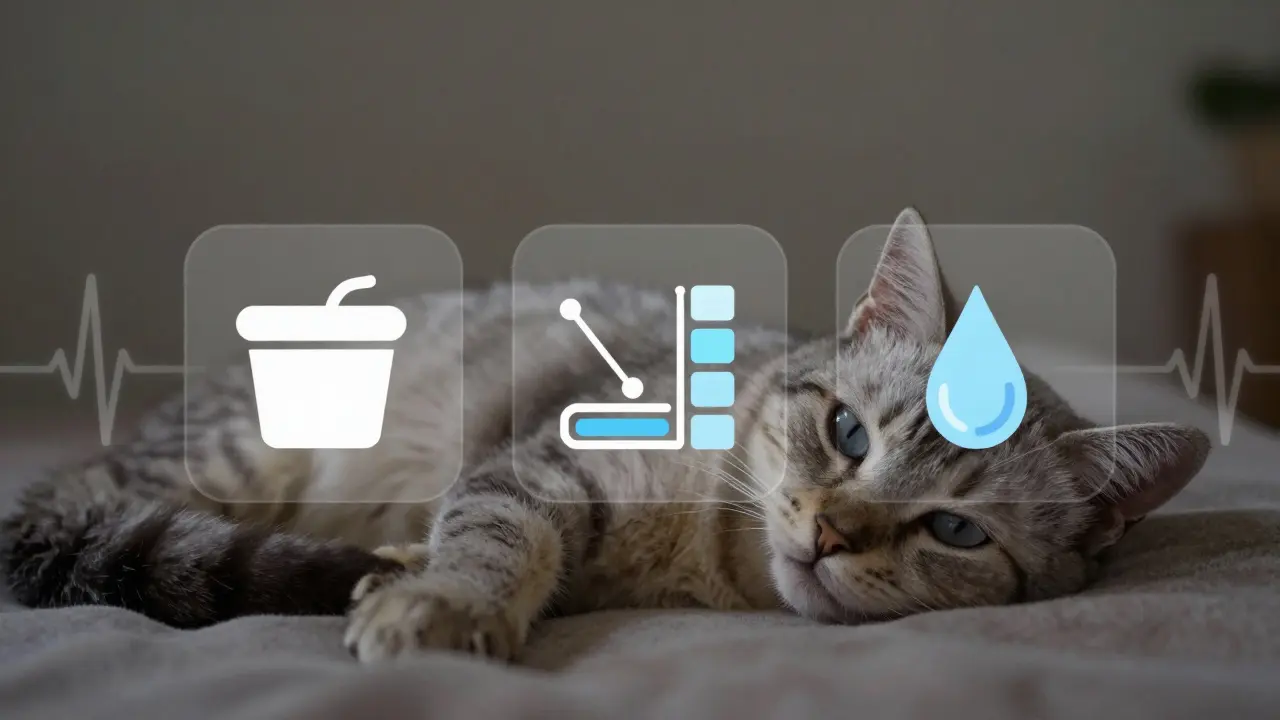 Пожилая кошка на одеяле с прозрачными иконками высокого белка и сниженных калорий.