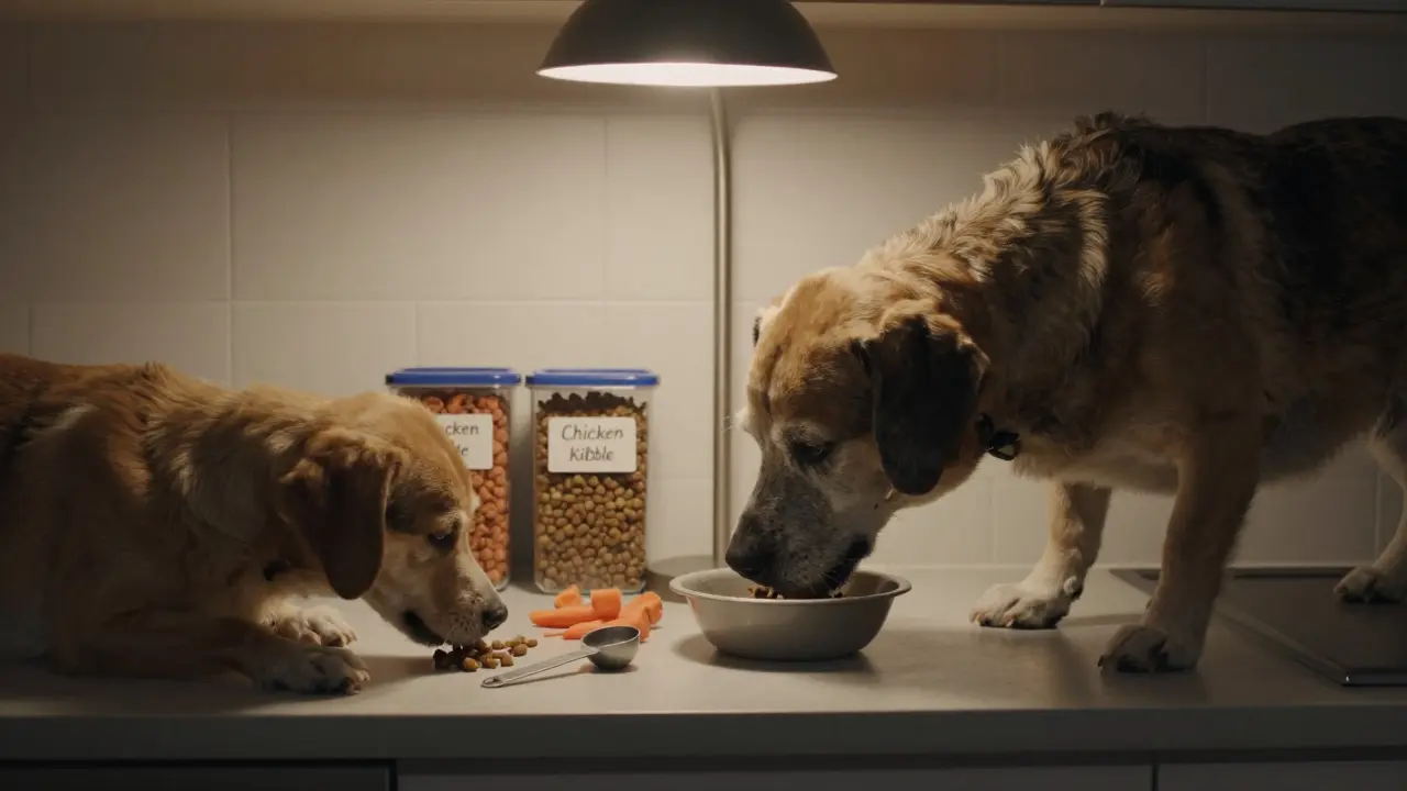 Пожилая собака ест вечером на кухне, рядом — другая собака с другим кормом, на прилавке — контейнеры с кормом и морковь.