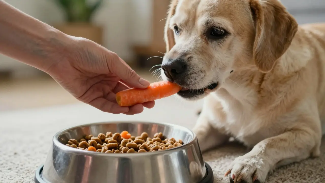 Пожилая собака пробует кусочек морковки из рук, рядом миска с кормом.