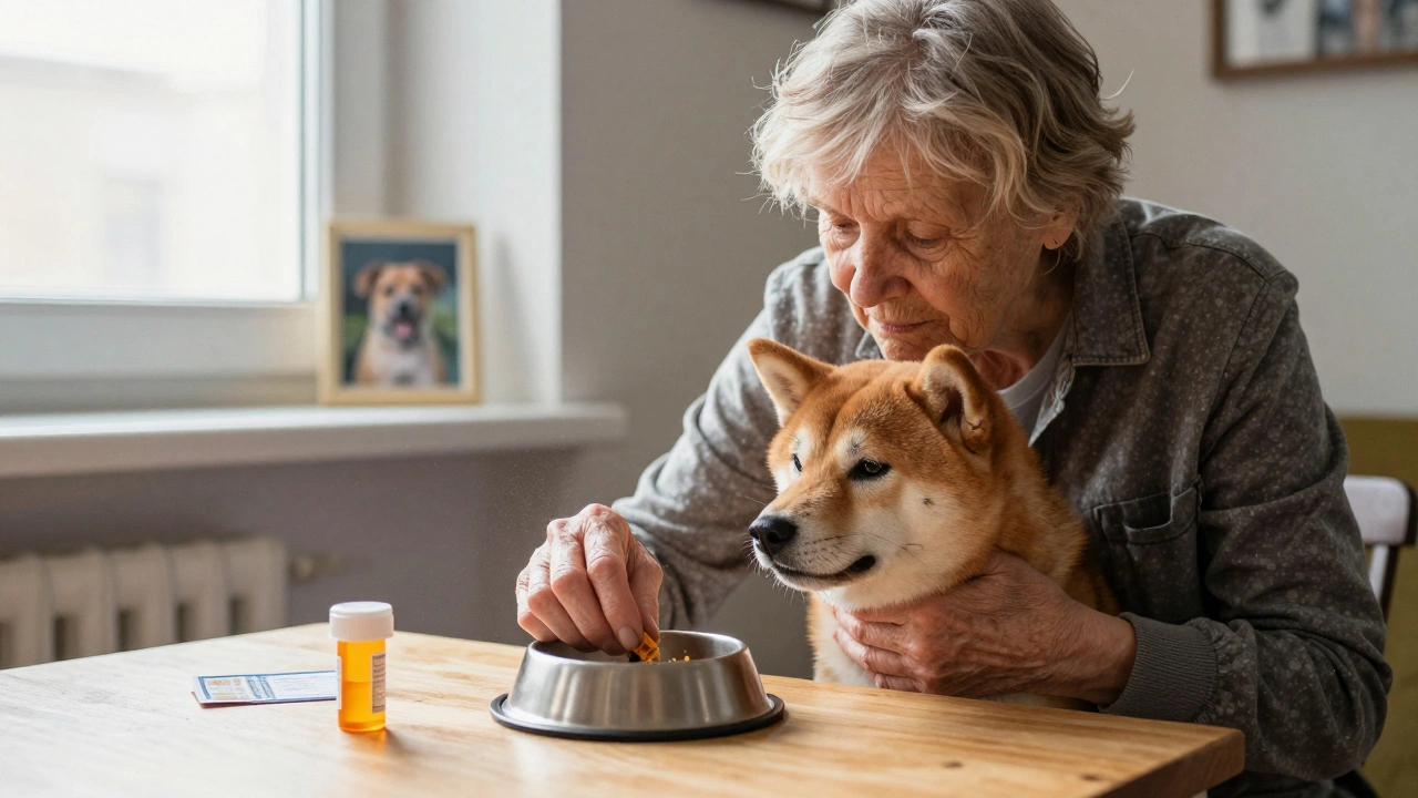 Пожилая женщина кормит старую собаку Purina Sensitive в домашней обстановке.