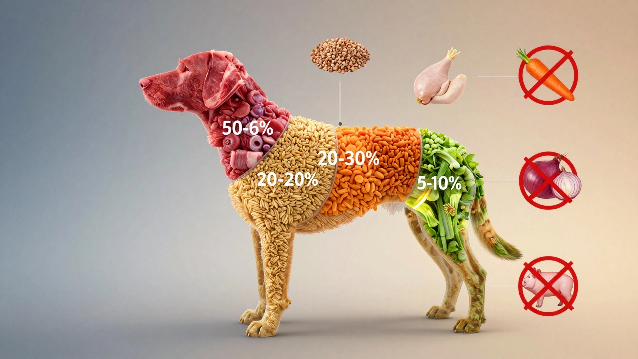 Прозрачная схема питания собаки: соотношение мяса, круп, овощей и жиров с запрещёнными продуктами.