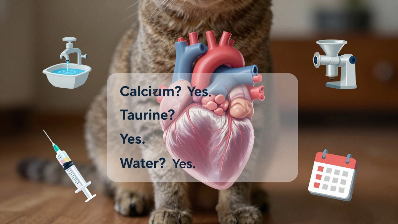 Прозрачная схема здоровья кошки: проверки по кальцию, таурину и воде с символами ухода.