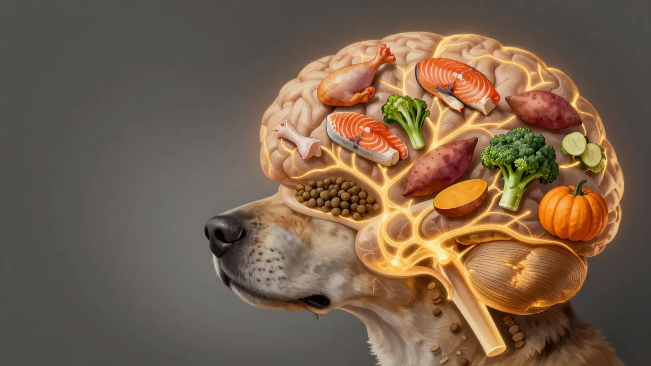 Схема мозга собаки, где нейронные пути активируются разнообразными продуктами: курицей, лососем, тыквой и брокколи.