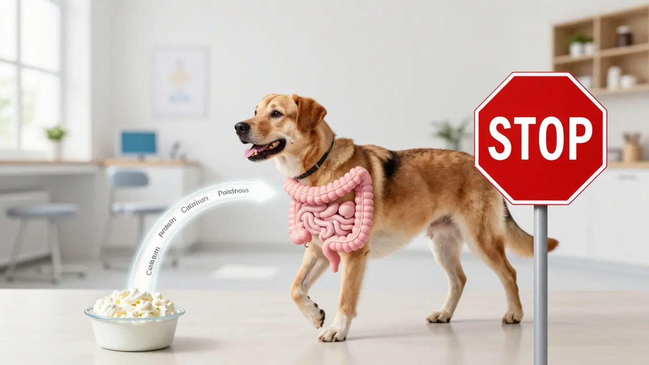 Схема пищеварения собаки с потоком полезных веществ из творога и запретом на лактозу.