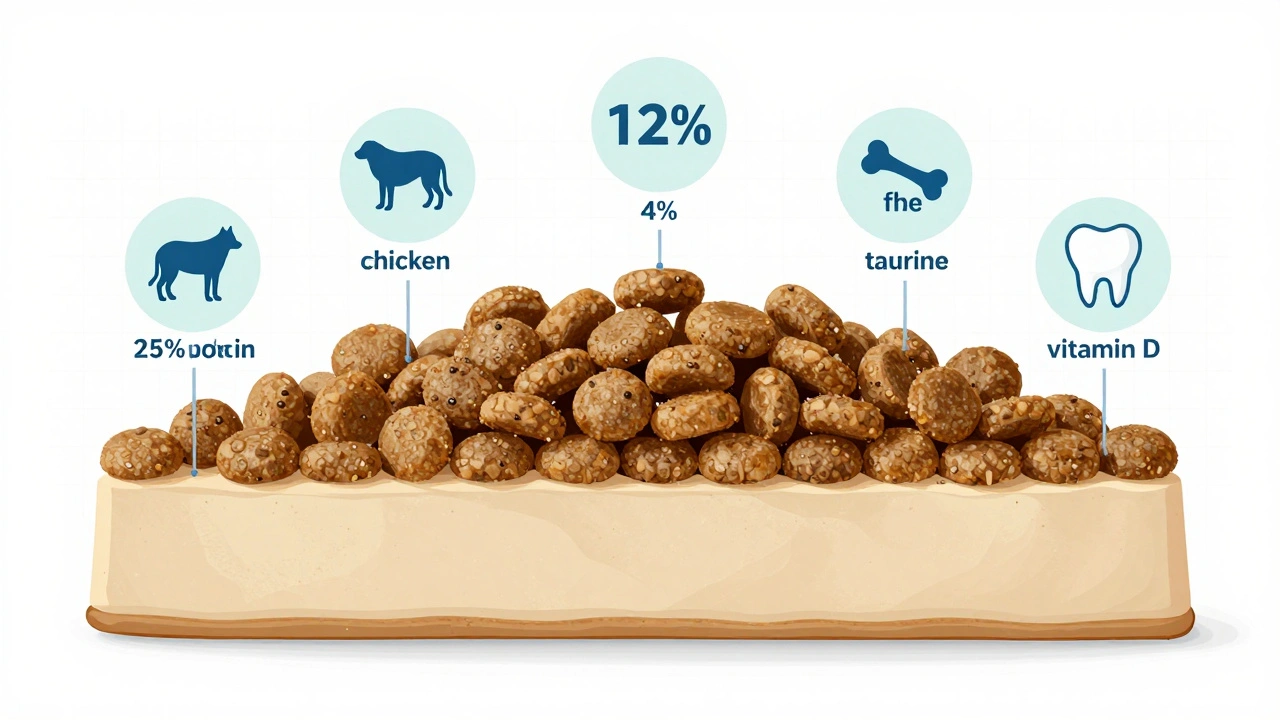 Схема состава качественного сухого корма для собак с обозначенными питательными веществами.