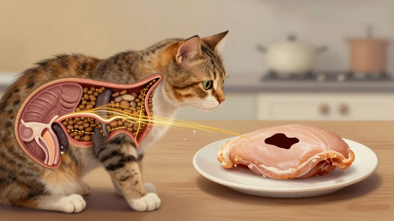 Схема внутреннего устройства кошки с визуализацией сбалансированных и недостающих питательных веществ.