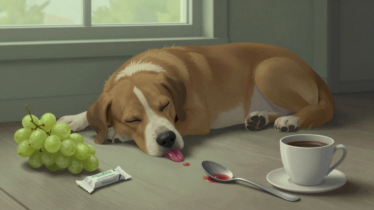 Слабая собака на полу рядом с ядовитыми продуктами: виноградом, жевательной резинкой и луком.