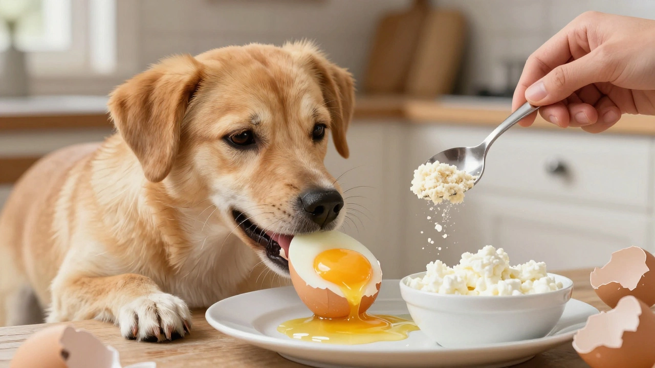 Собака ест вареное яйцо с мелко измельченной скорлупой на тарелке.