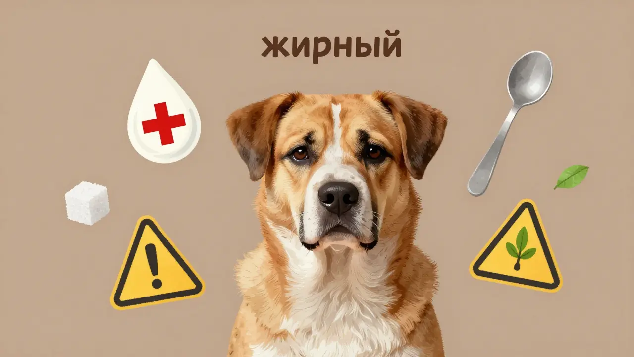 Собака окружена символами вредных и полезных добавок к творогу.