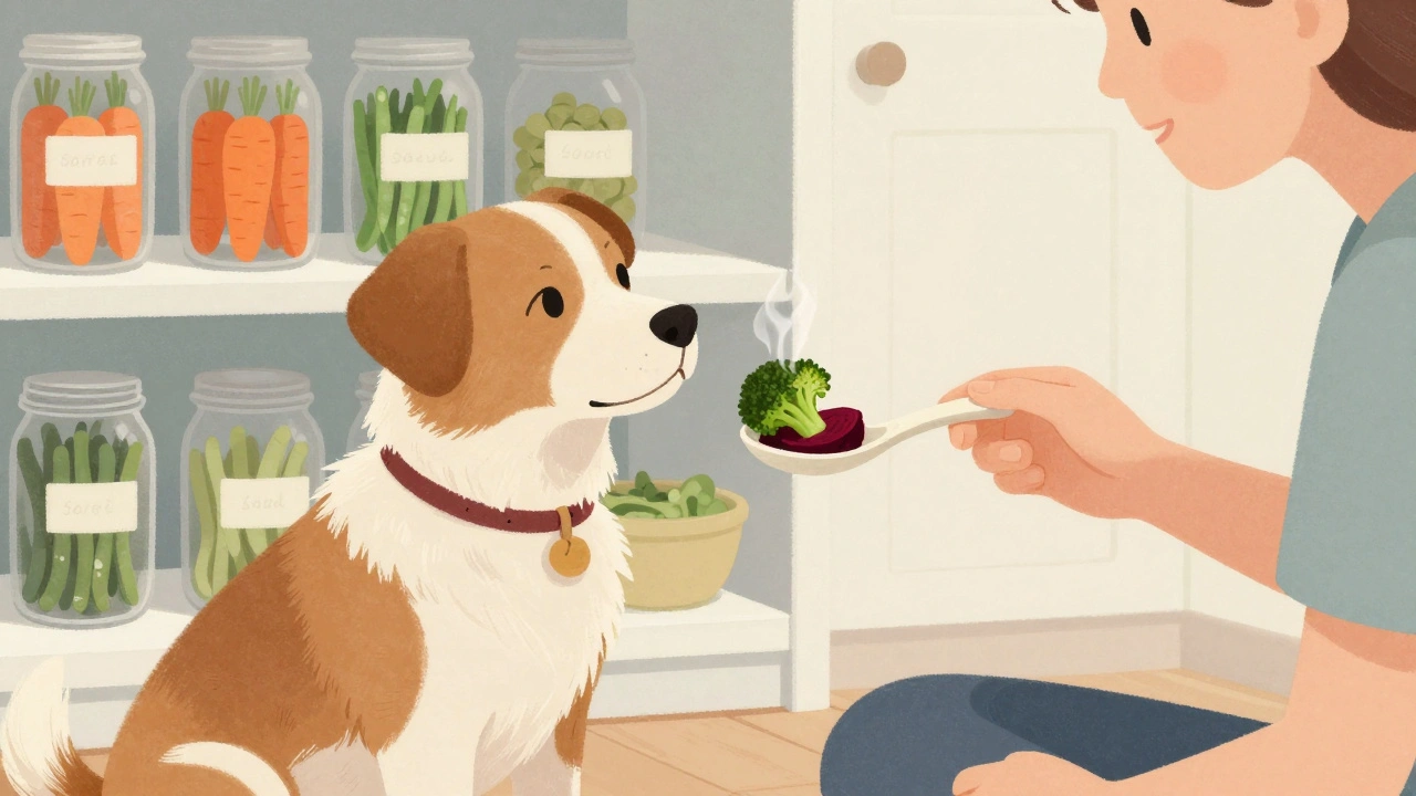 Собака получает от хозяина отварные овощи на ложке.