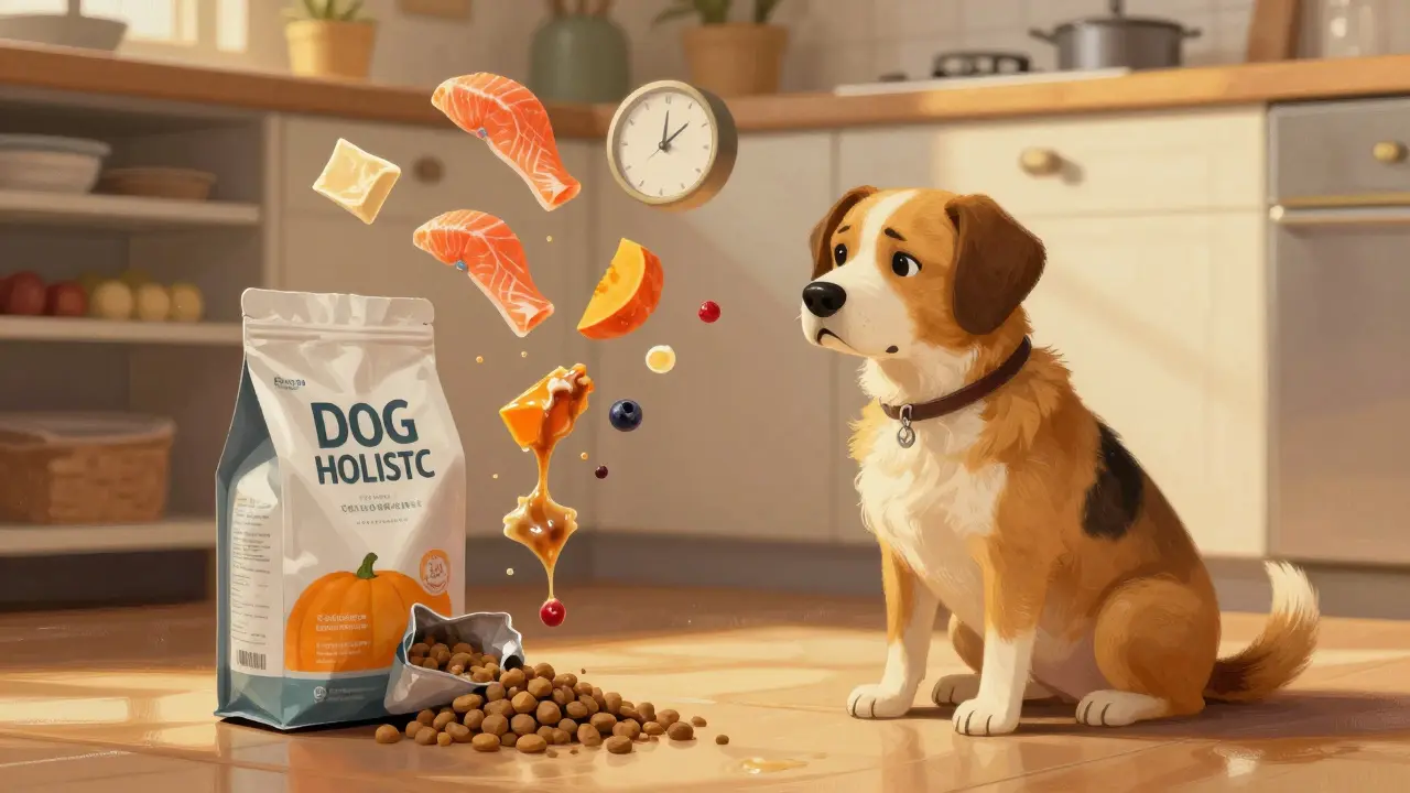 Собака смотрит на открытый пакет корма, вокруг которого парят испорченные ингредиенты.