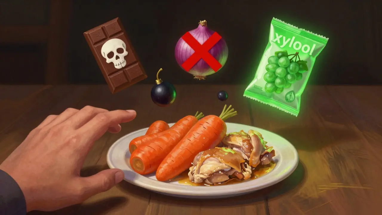 Собака видит запрещенные продукты как символы опасности, рядом — безопасная еда.