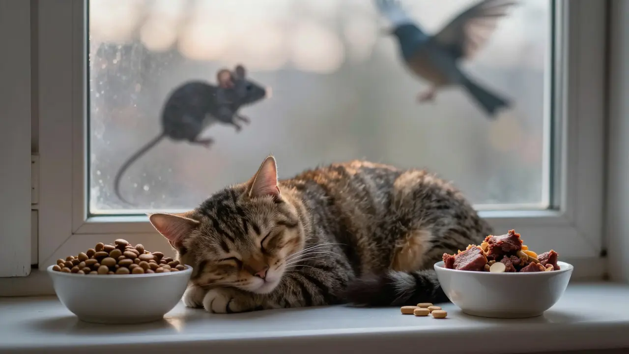 Спящая кошка на подоконнике между двумя мисками: сухой корм и натуральная еда с добавками.