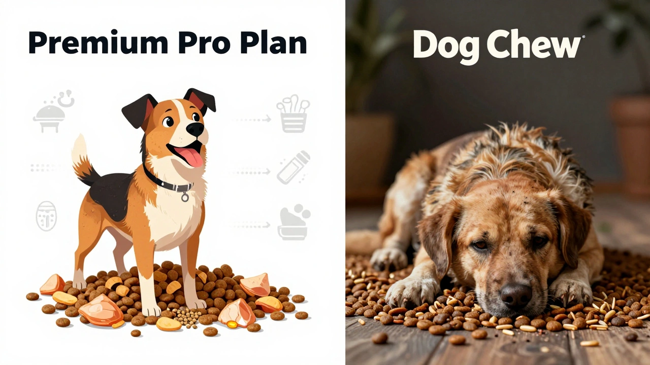 Сравнение кормов Pro Plan и Dog Chow: одна собака энергична, другая вялая.