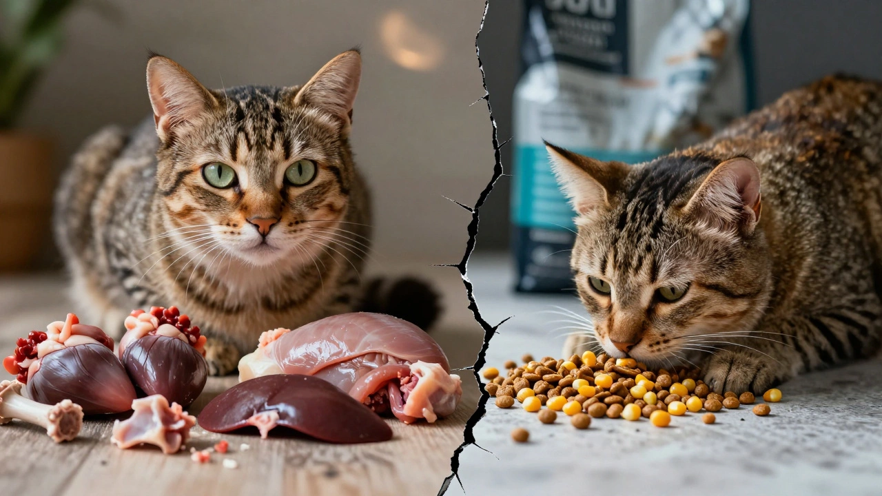 Сравнение здоровой кошки с натуральной едой и больной с сухим кормом