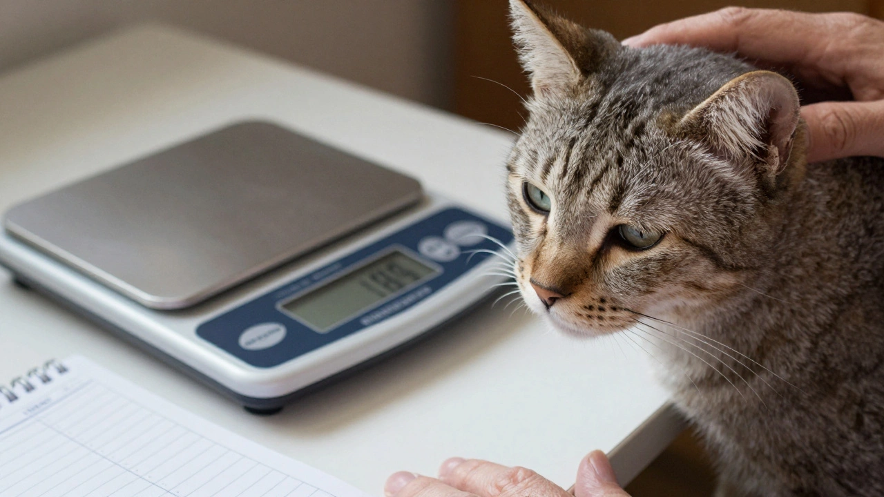 Старая кошка смотрит на весы, рядом открыт дневник с записями веса.