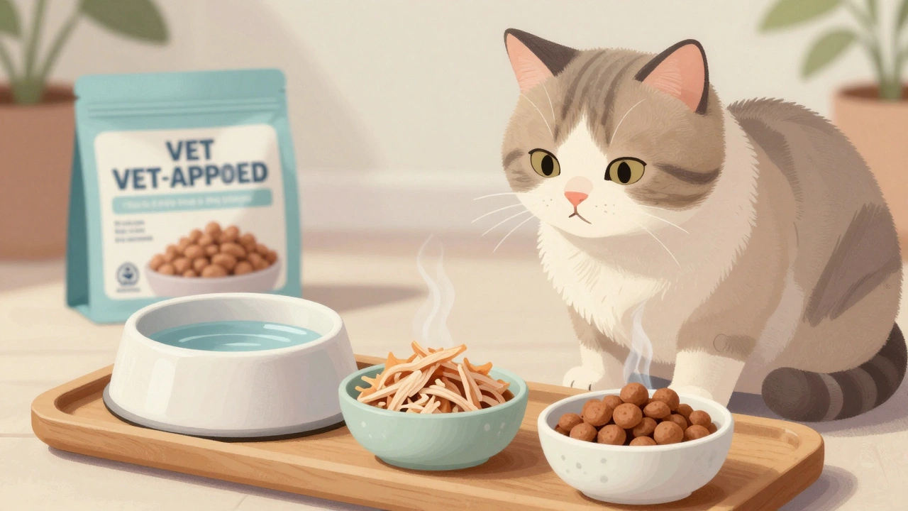 Три порции корма для пожилой кошки с водой и курицей на деревянном подносе.