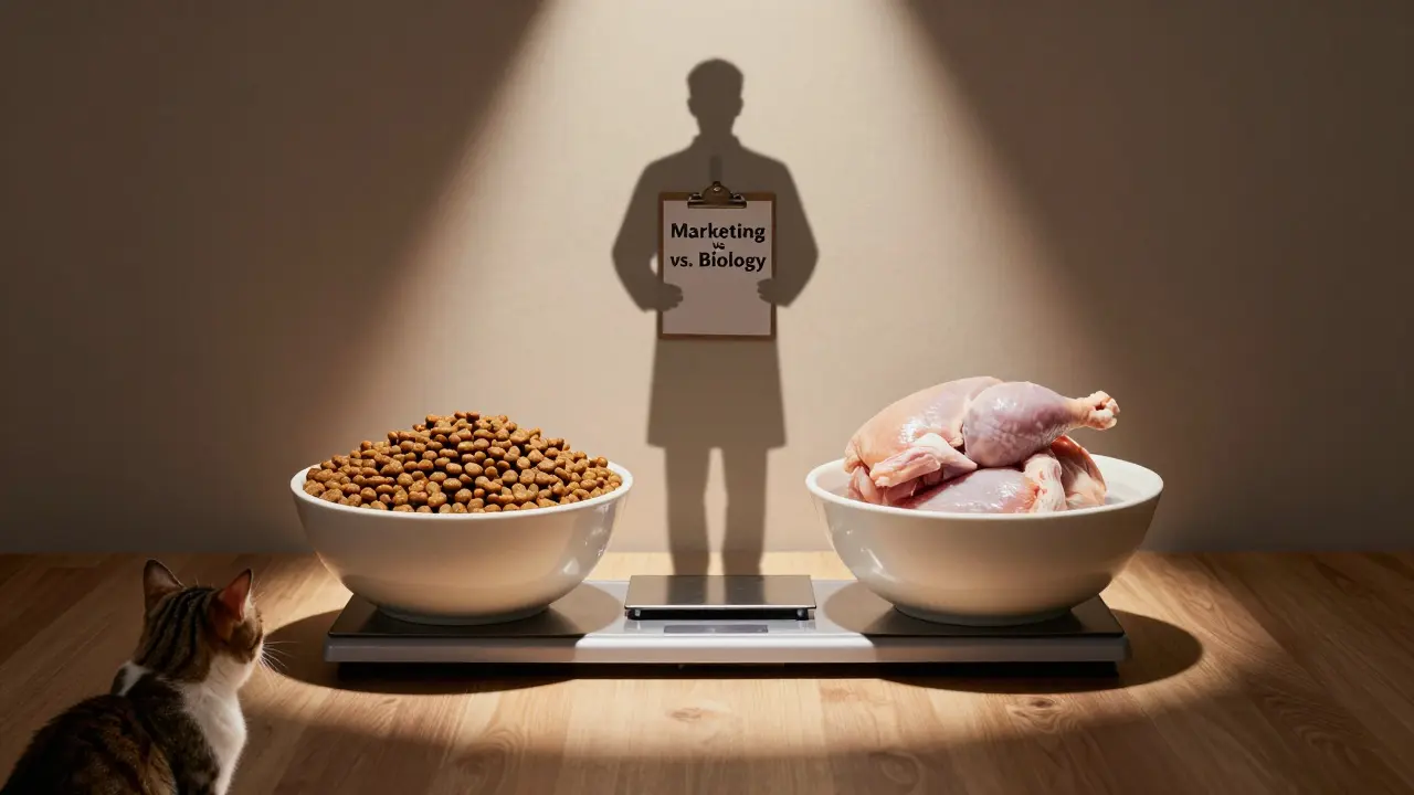 Весы с сухим кормом и сырой едой, тень ветеринара, кошка смотрит в сторону мяса.