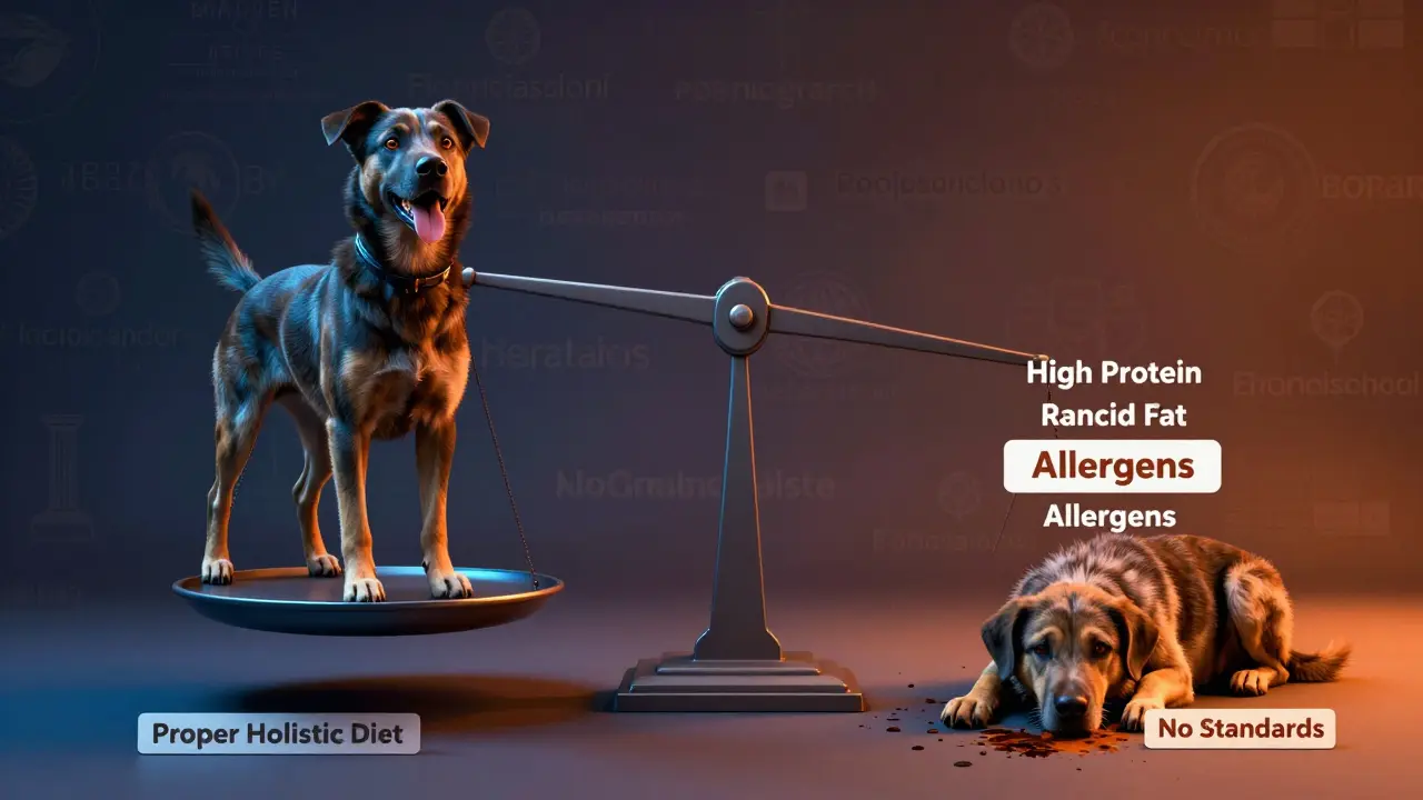 Весы сравнивают здоровую собаку и больную — с надписями о рисках холистик-корма.
