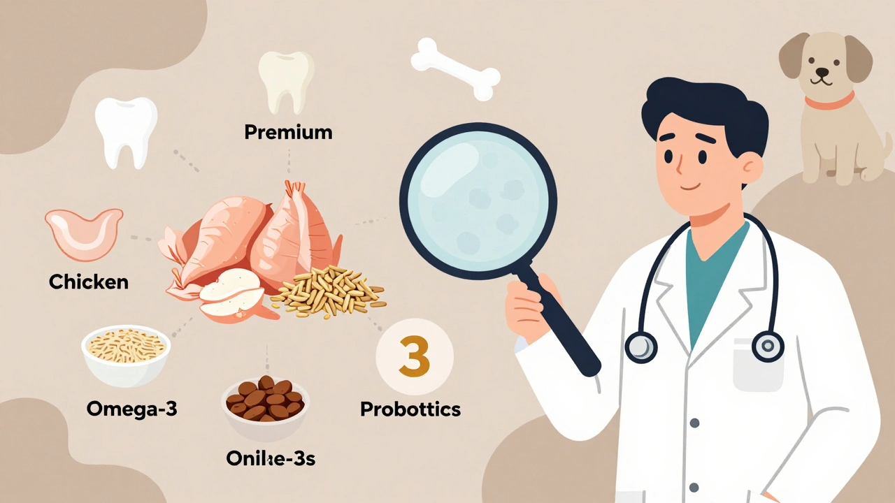 Ветеринарный нутрициолог показывает состав качественного корма для собак.