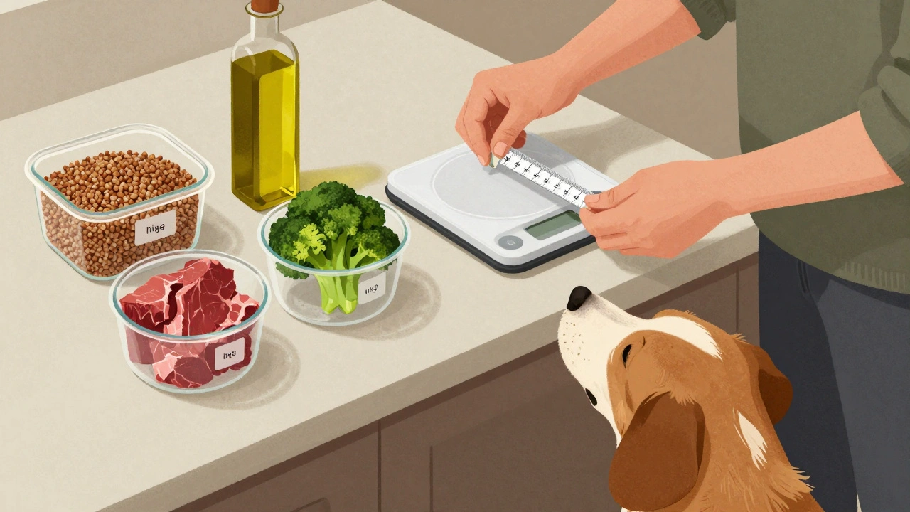 Владелец измеряет порции для домашнего корма собаки: крупы, мясо и овощи на кухонных весах.