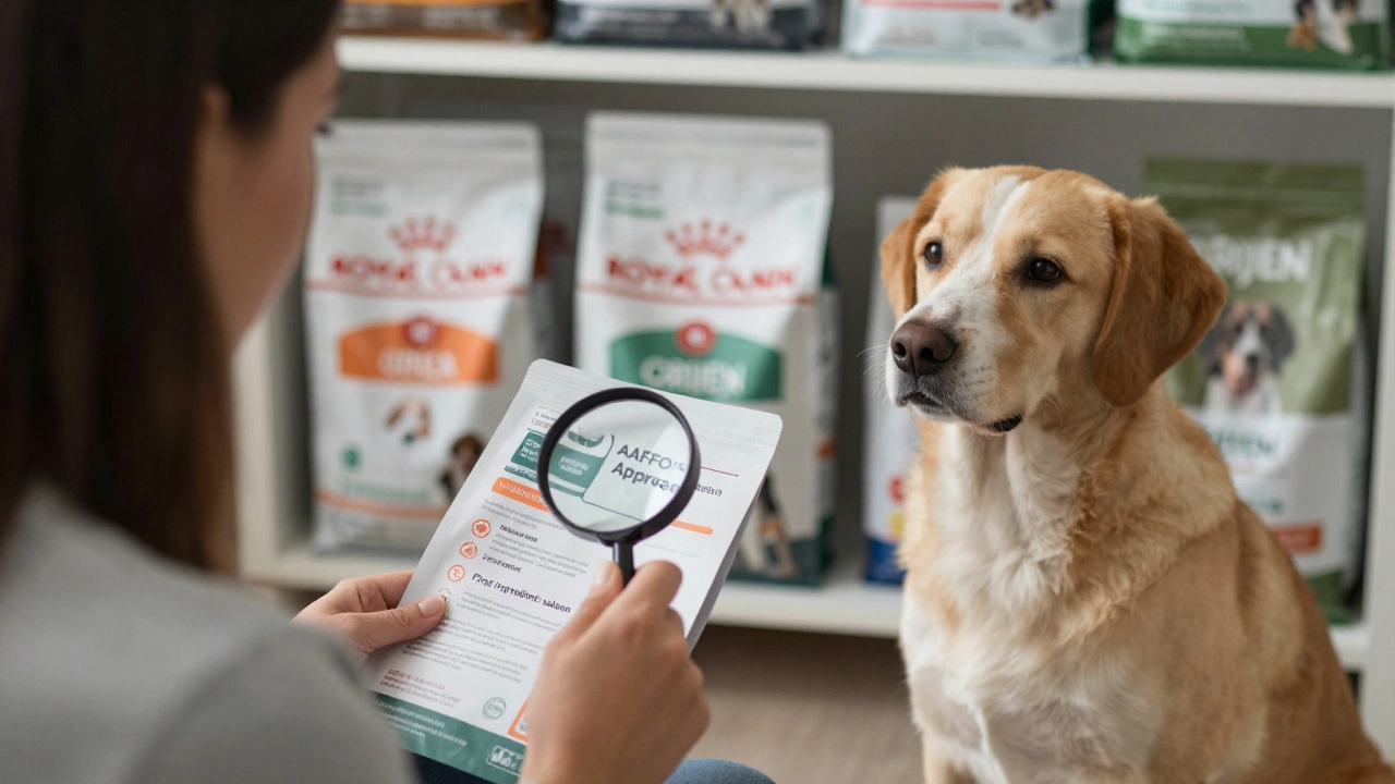 Владелец проверяет этикетку корма для собаки с акцентом на стандарты питания.