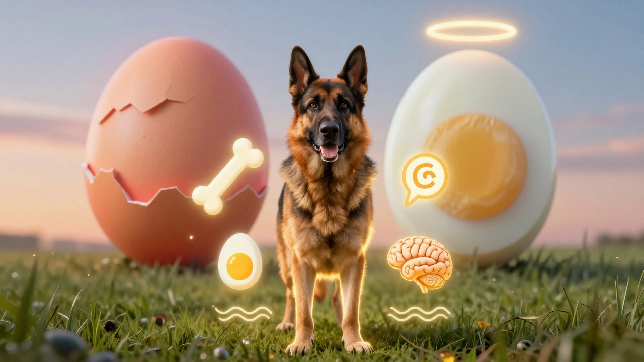 Здоровая собака с сияющей шерстью, окруженная символами пользы яиц.