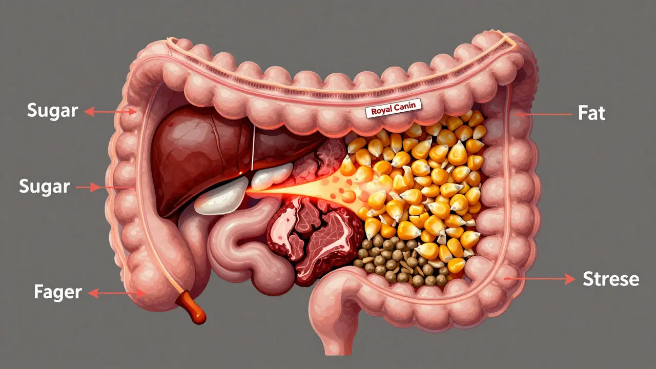 Анатомическая иллюстрация пищеварительного тракта кошки с противопоставлением качественного и низкокачественного корма.