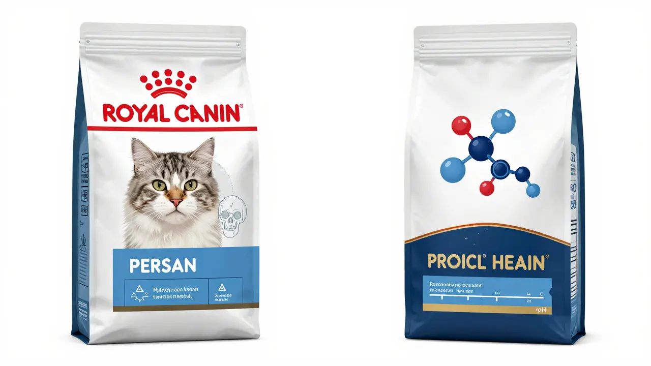 Два пакета корма: Royal Canin для персов и ProPlan для мочевыводящих путей на белом фоне.
