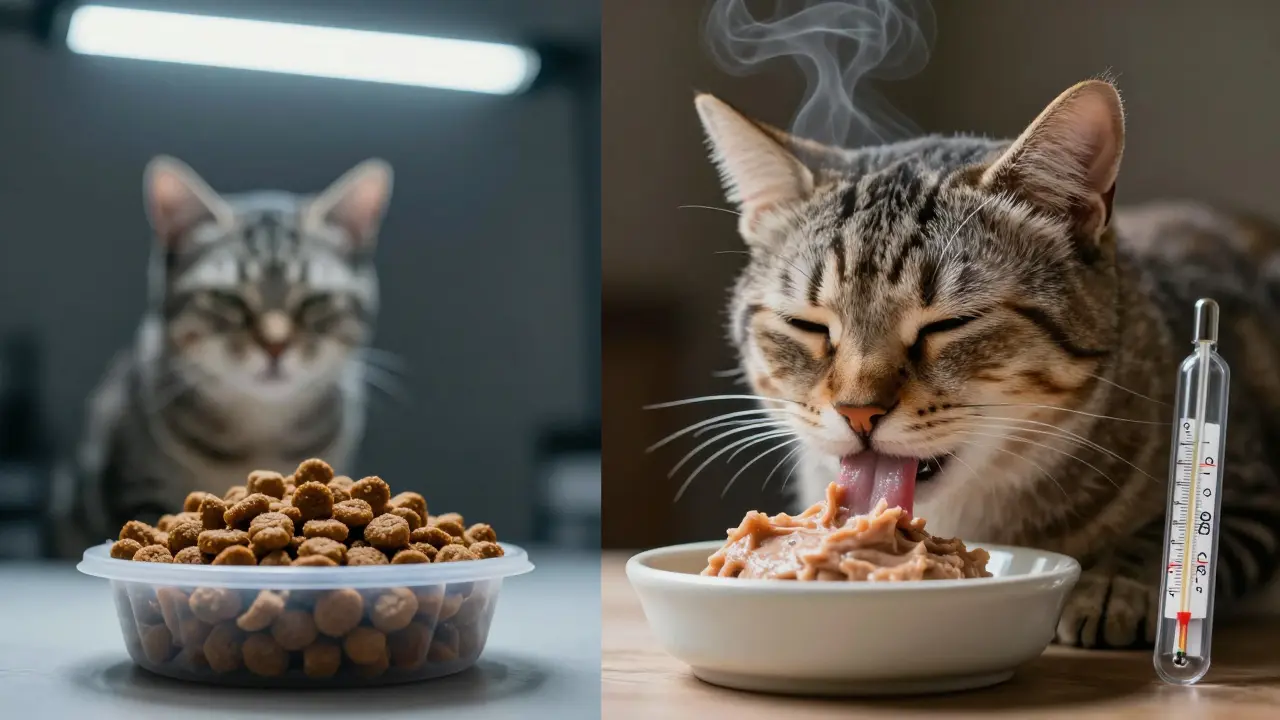 Два сценария кормления: слева — холодный сухой корм и равнодушная кошка, справа — тёплая влажная еда и счастливая кошка.