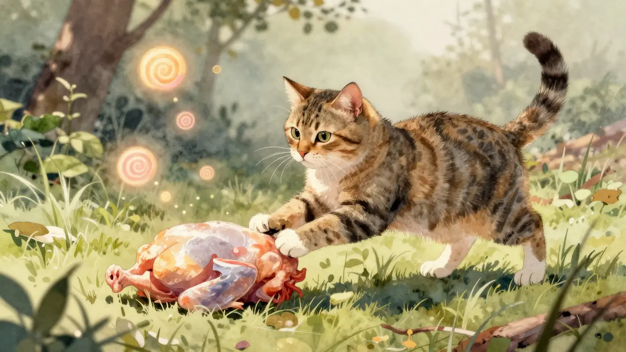 Кошка прыгает на кусок сырого куриного мяса, вокруг неё — визуализированные ароматические волны в тёплых тонах.