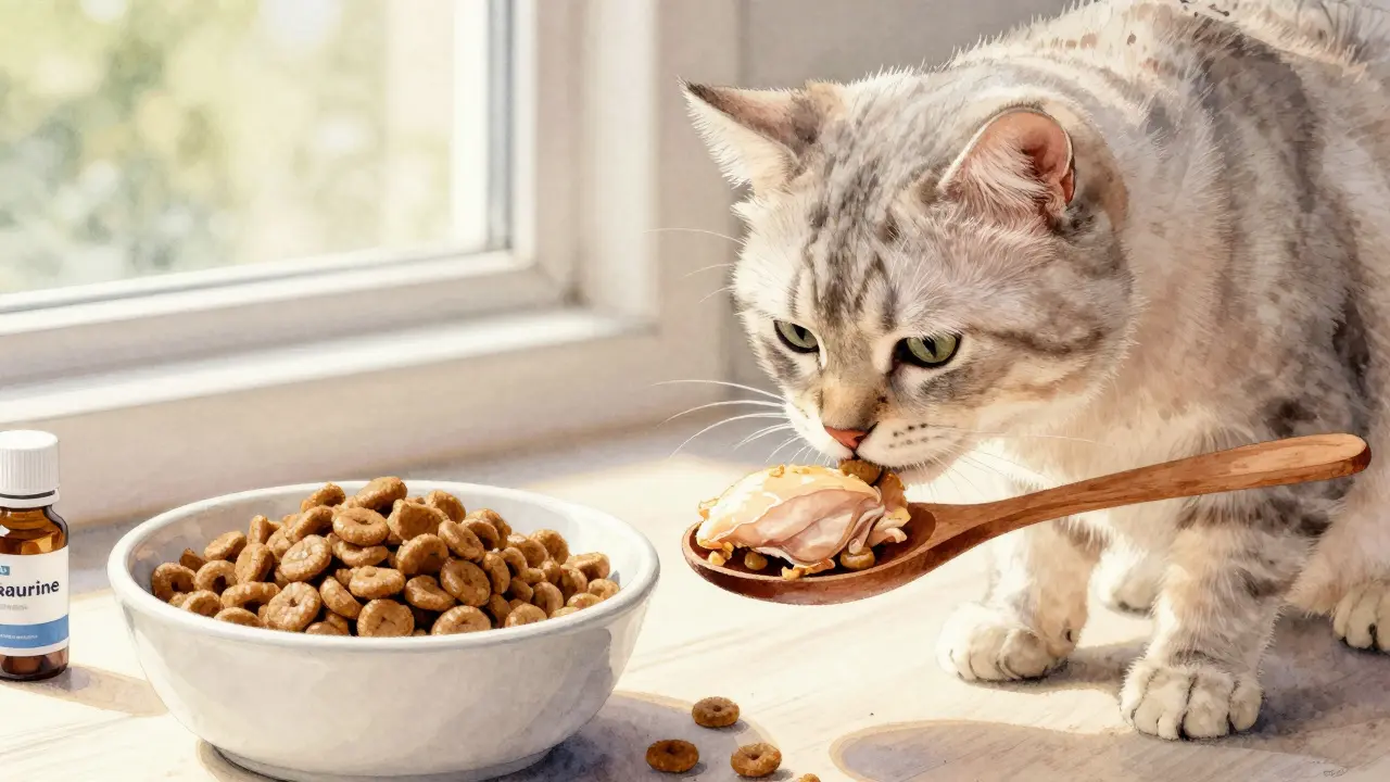 Пожилая кошка ест маленькую порцию куриной грудки рядом с кормом.