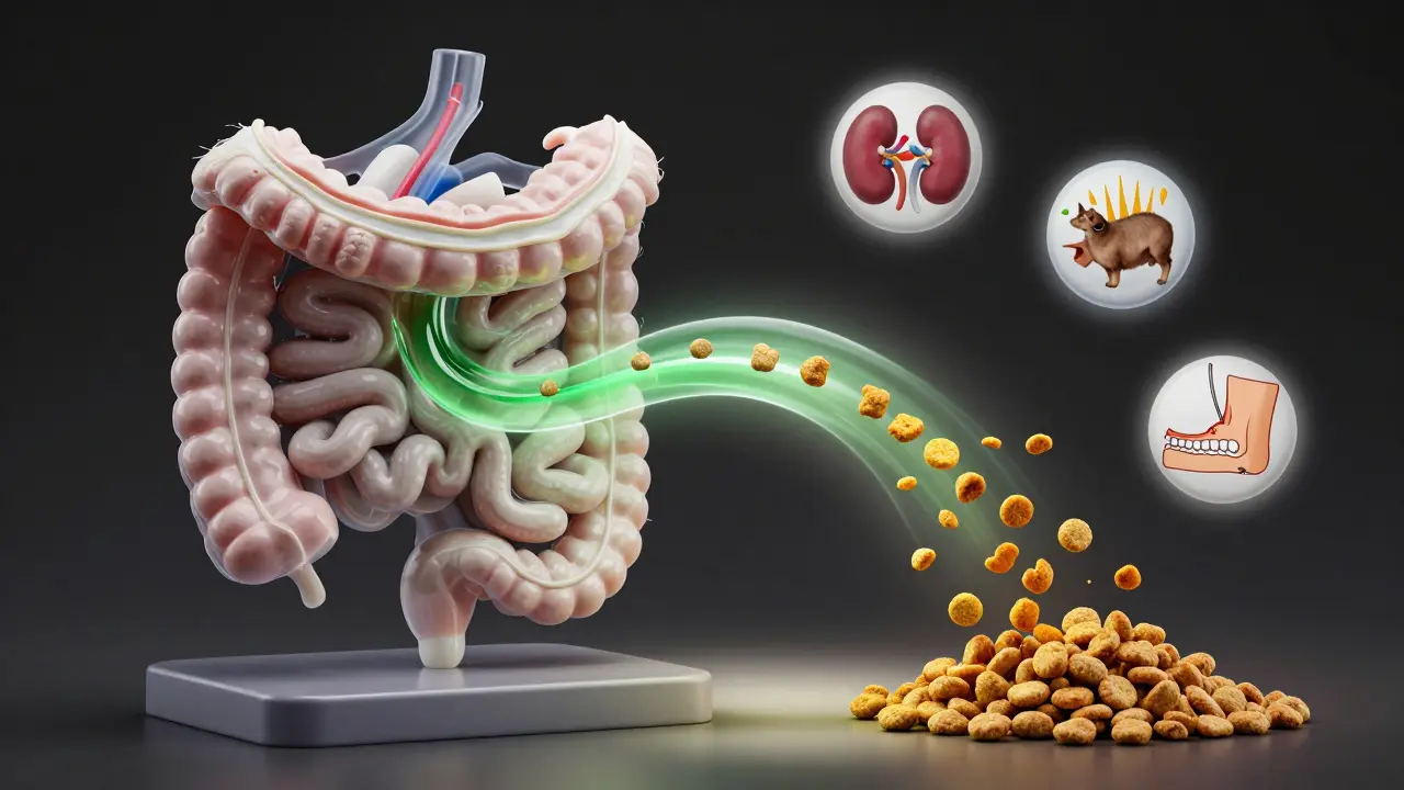 Прозрачная анатомия кошки с потоками питательных веществ от разных кормов.