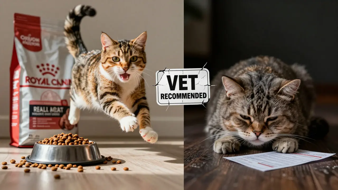 Разделённая сцена: энергичная кошка с натуральным кормом слева и уставшая — с Royal Canin справа.