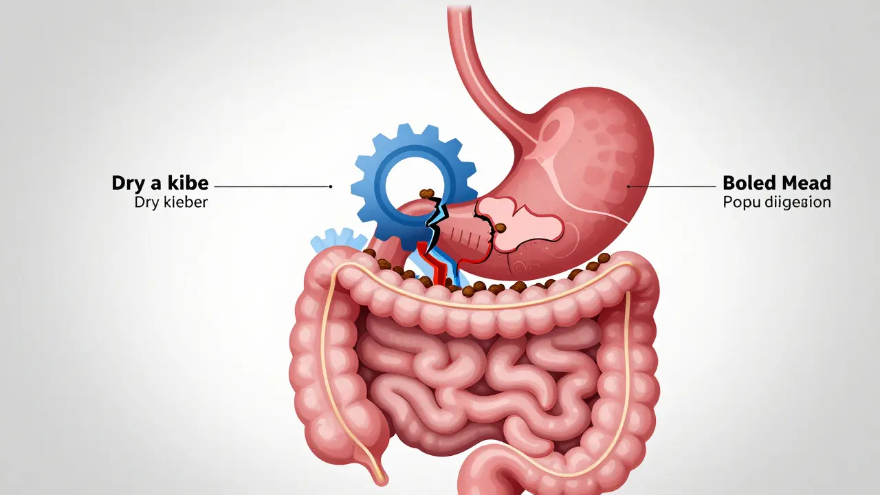 Схема пищеварительной системы собаки с противоположными путями переваривания корма и мяса.