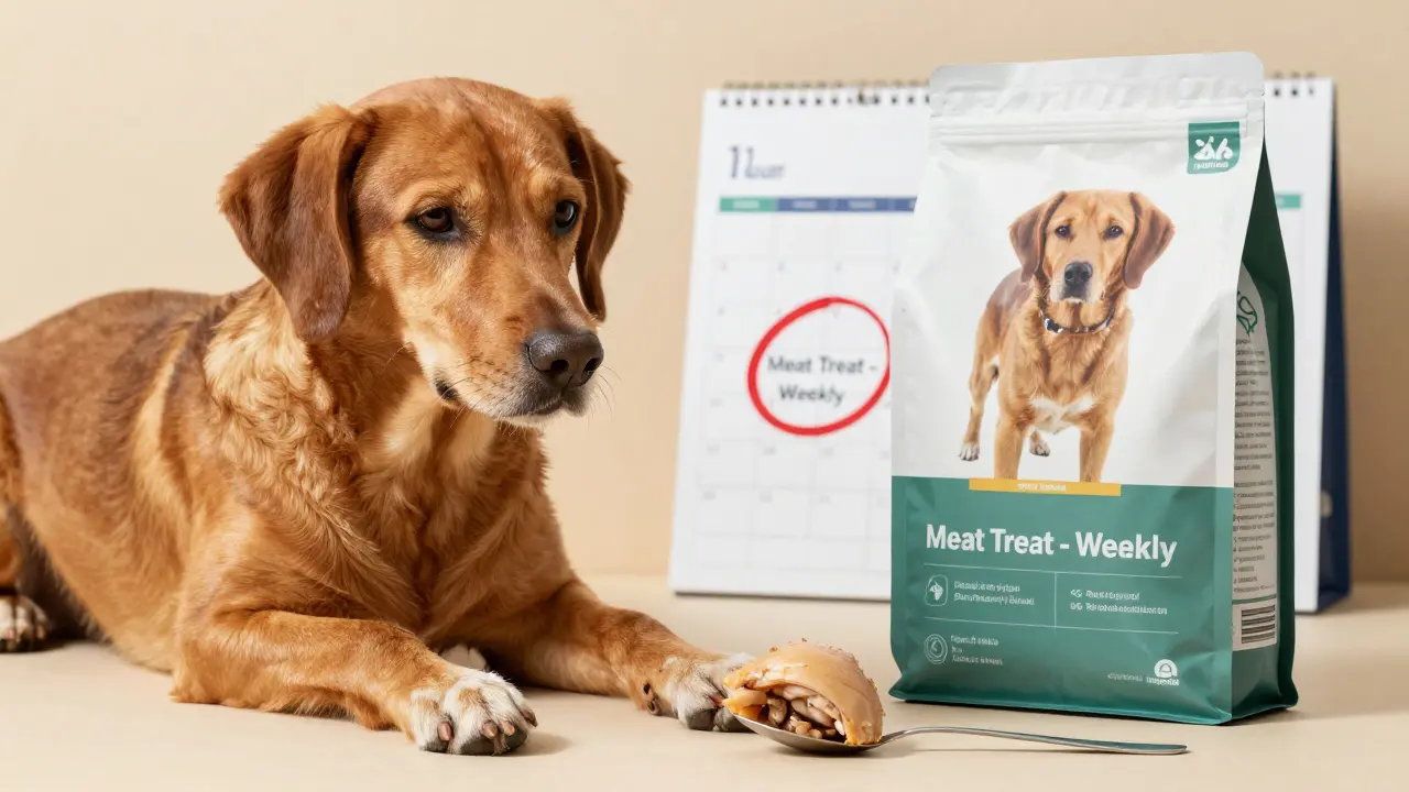 Собака спокойно сидит рядом с качественным кормом и маленькой порцией мяса как редкого лакомства.