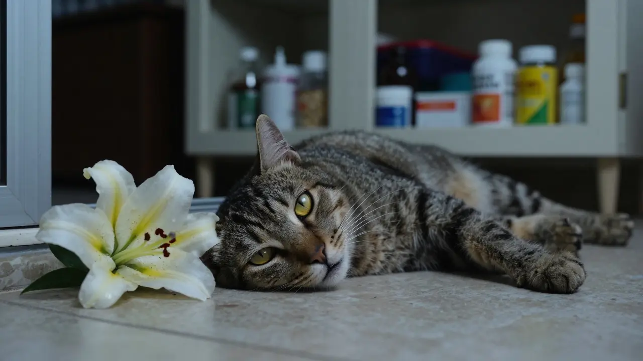 Бледная кошка лежит на полу с желтоватыми деснами, рядом — увядший лилия.